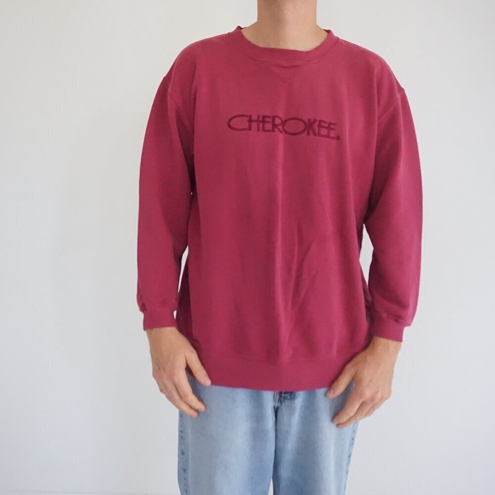 Cherokee Maroon Cotton Blend Crewneck Sweatshirt 90s Minimal Spell Out Logo M